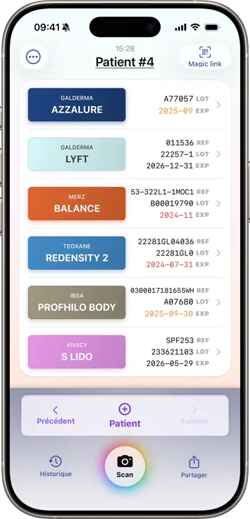 A single scan lifts REF, LOT, and expiry into the patient file.